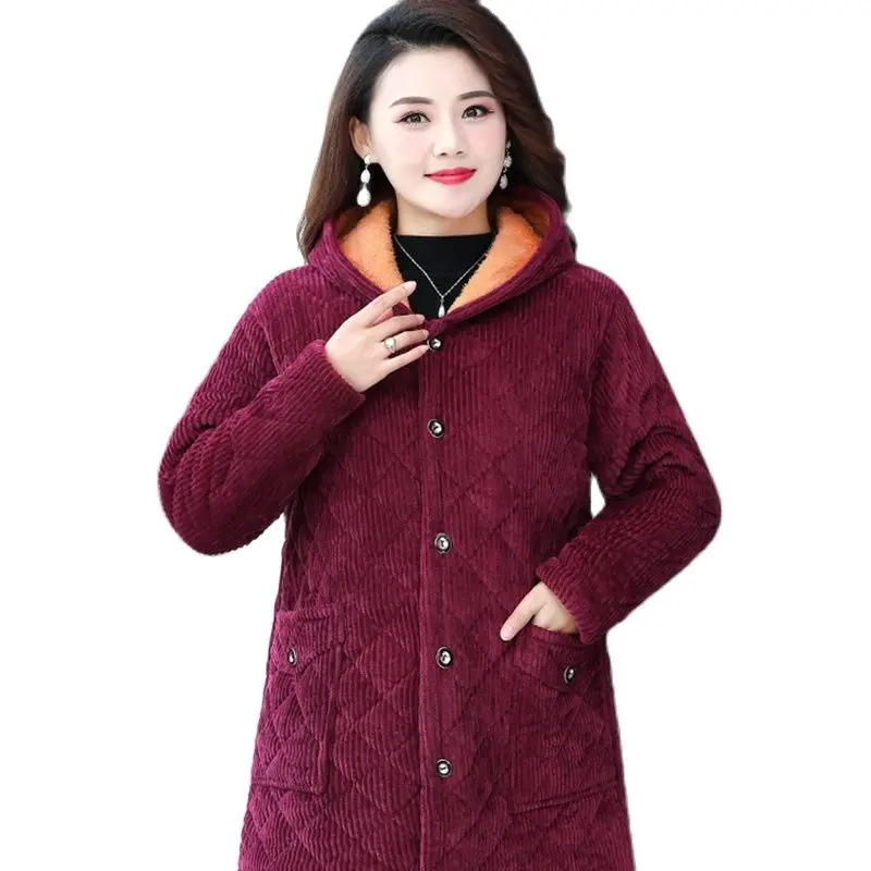 

Women Corduroy Parkas 2022 Winter Middle Aged Mother Fleece Overcoat Mid-length Thickened Plush Cotton Jacket Warm Coat