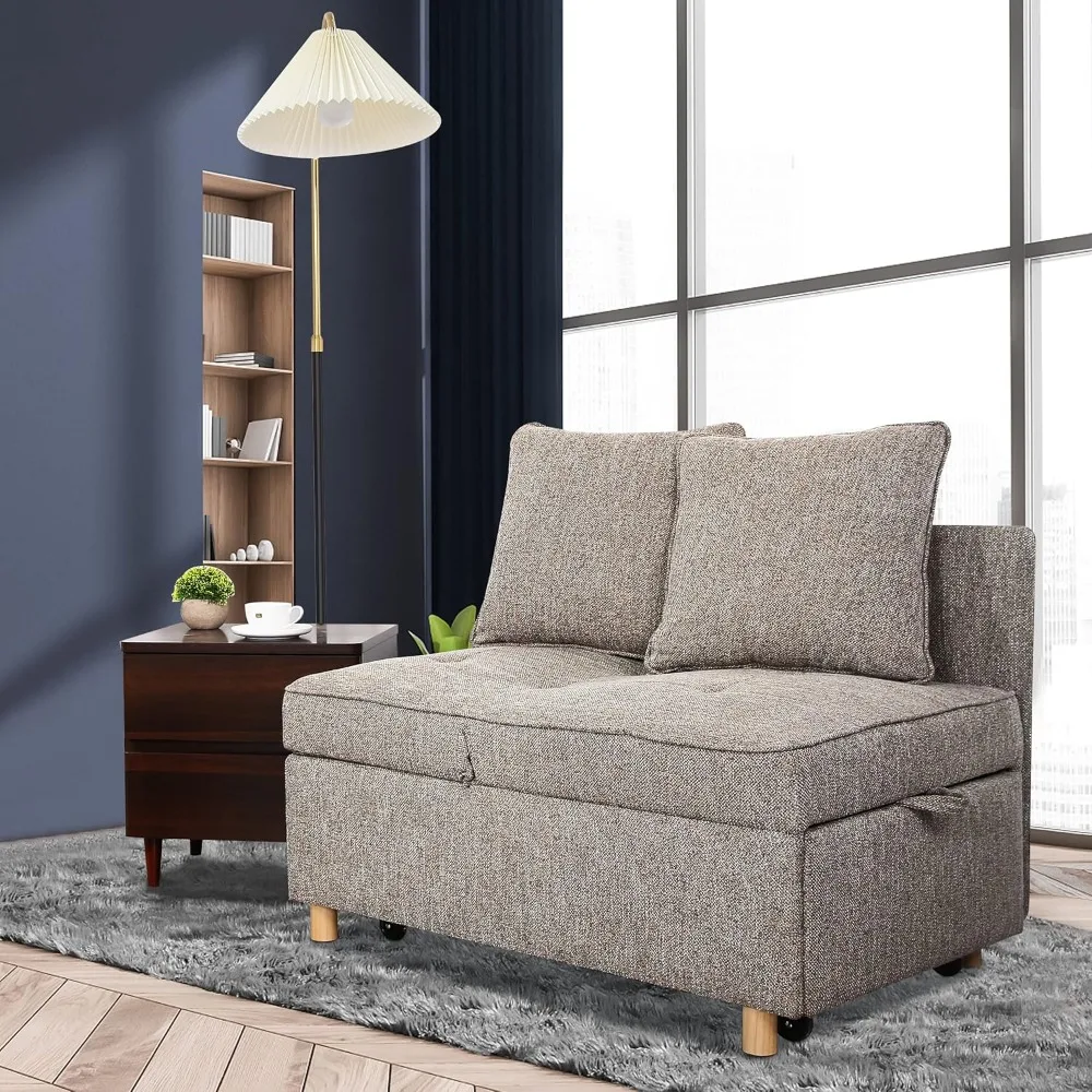 Sofa z funkcją spania 4w1, rozkładany fotel z 3-osobową kanapą z tkaniny lnianej i 2 poduszkami dekoracyjnymi, pojedynczy fotel rozkładany do małych mieszkań.