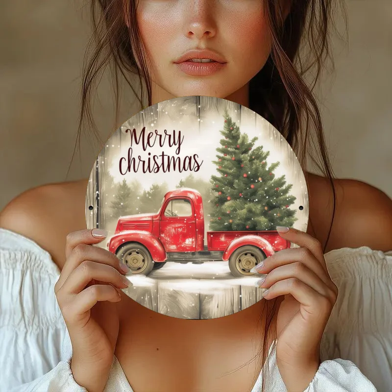 2D Vintage Farm Fresh Christmas Tree Sign Metal Sign, Christmas Red Truck And Christmas Tree Wall Art Decoration for Home Bedroo