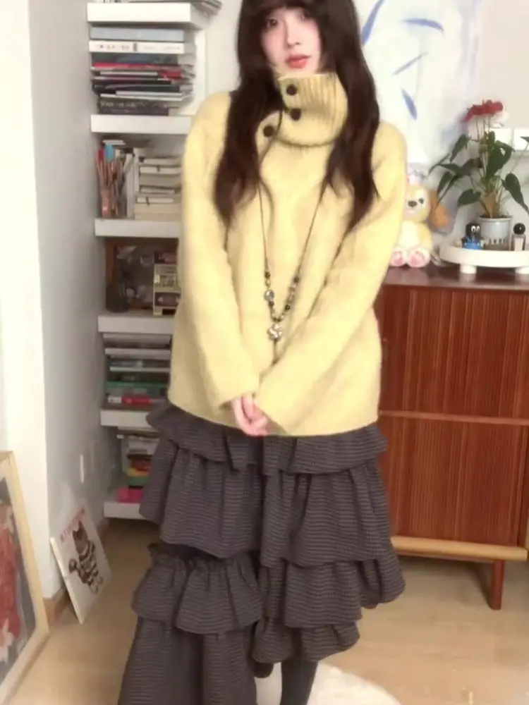 Autumn Winter Thiened Yellow High Collar Sweater Women's Loose Knitted Top Outerwear Inner Match 2025 Trendy Lazy Sle