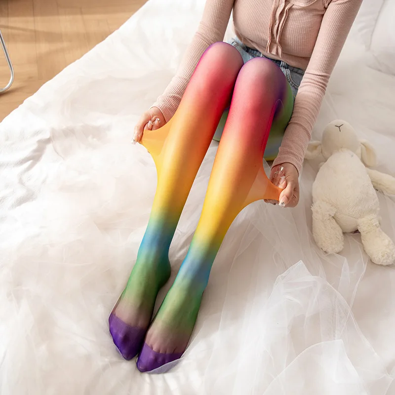 New Rainbow Tights, Japanese-Style Thin Striped Pantyhose, Colorful Gradient Party Stockings for Spring and Autumn