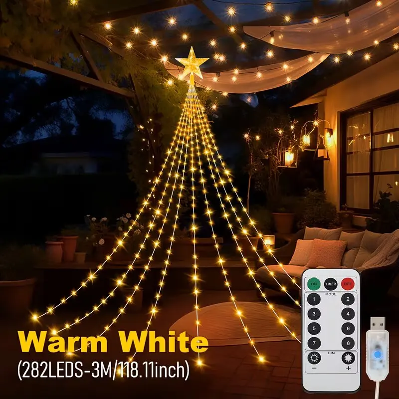 Christmas Tree Waterfall String Lights 192LED 282LED USB Powered Star Lights 8 Modes Remote for Xmas Tree Living Room Decor