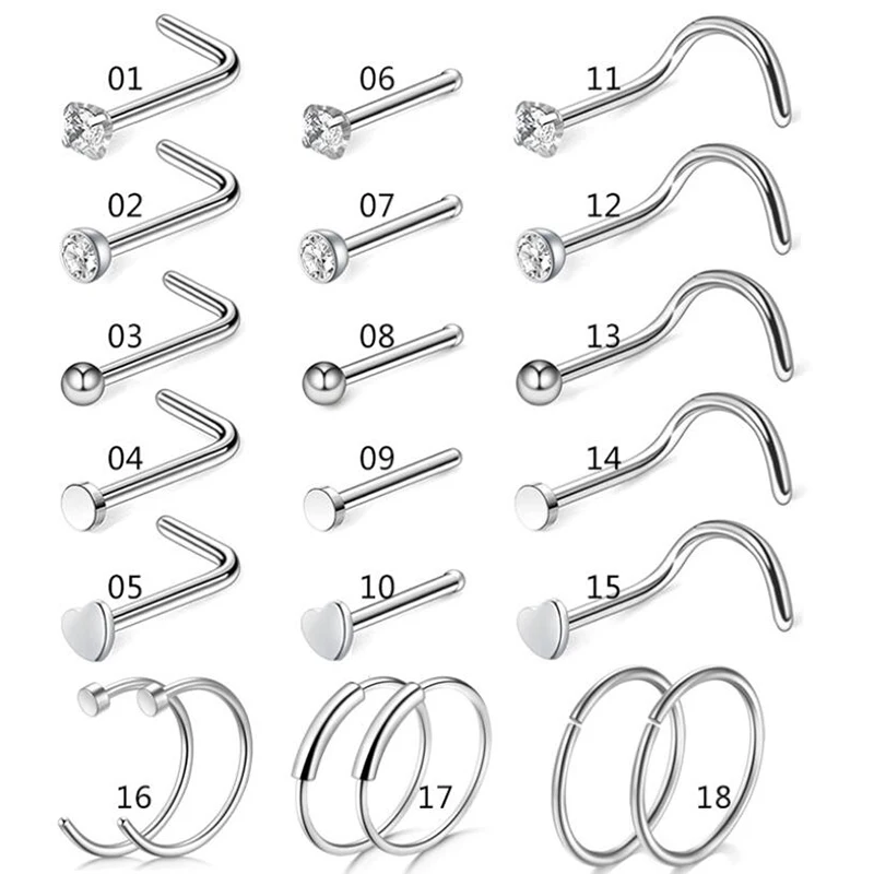 20G Stainless Steel Nose Ring Set Straight L Bend Twist Body Piercing Jewelry