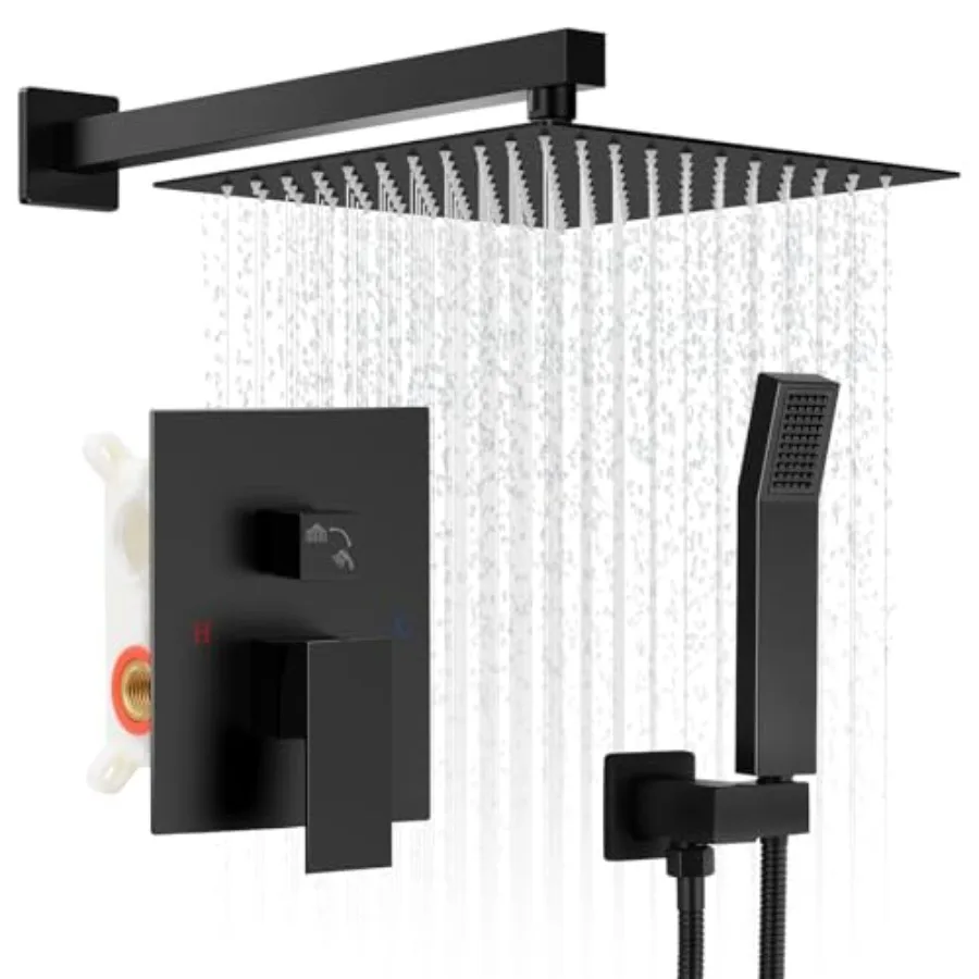 

Black Shower Faucet Set, 10 inch Rain Shower System with Pressure Balance Valve, Wall Mounted 2-Functions Bathroom Shower Syste