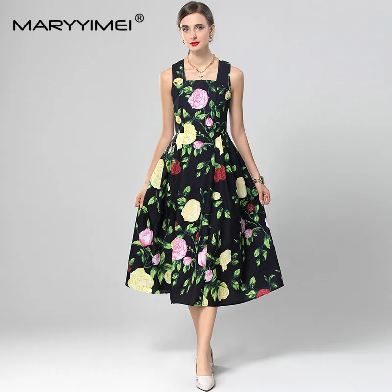 MARYYIMEI Fashion design Women\'s A-Line Dress Square-Neck Spaghetti Strap Backless High waist Casual Holiday Party Dresses