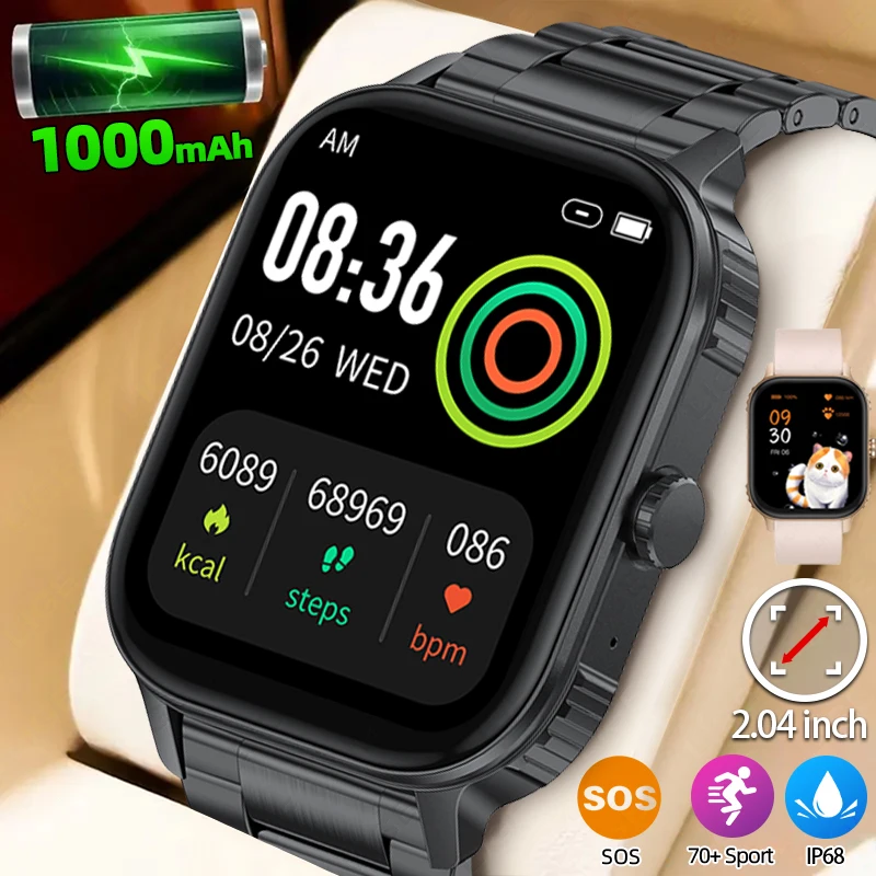 

LIGE 2,04-дюймовый HD-дисплей, новинка 2025 года, аккумулятор 1000 мАч, умные часы, Bluetooth-монитор вызова и здоровья, IP68, водонепроницаемые, спортивные, фитнес-умные часы