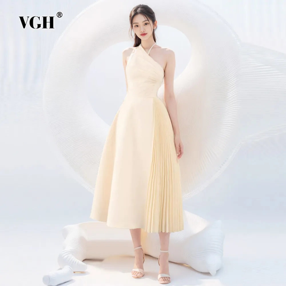 

VGH Solid Patchwork Folds Elegant Backless Dress For Women Diagonal Collar Sleeveless High Waist Temperament Dresses Female New