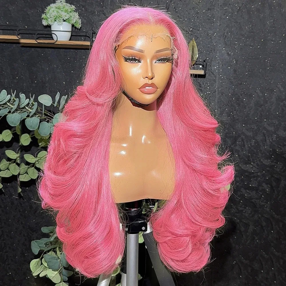 

Розовый парик с волнистыми локонами, синтетический, с HD-кружевной застежкой 13x4, высококачественный, предварительно проработанный, термостойкий, по акции