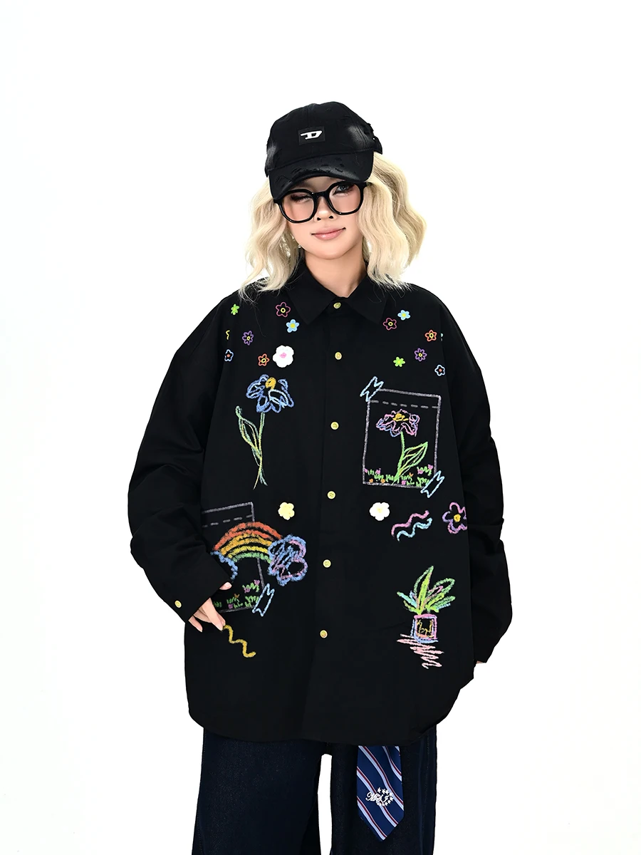 

Bla fiti Print Long Sve irt Women's Loose BF American College Sle Top Street Faion Neutral Embroidery Design