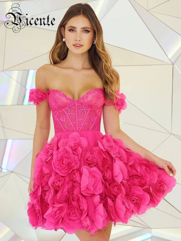 VC Cocktail Party Dresses For Women Elegant And Pretty 3D Flower Off The Shoulder Prom Short A-Line Dress Summer 2024