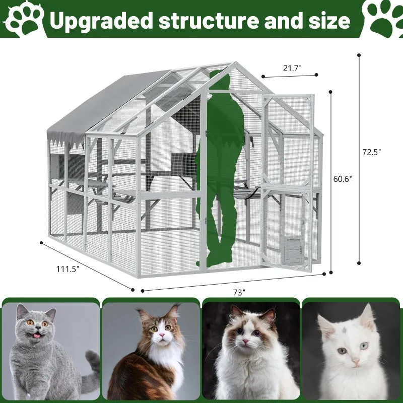 110 Inch Outdoor Cat House x Waterproof Cover Grey White Large Cat Enclosure Playpen With Platforms Bridge For Multi Cat Safety
