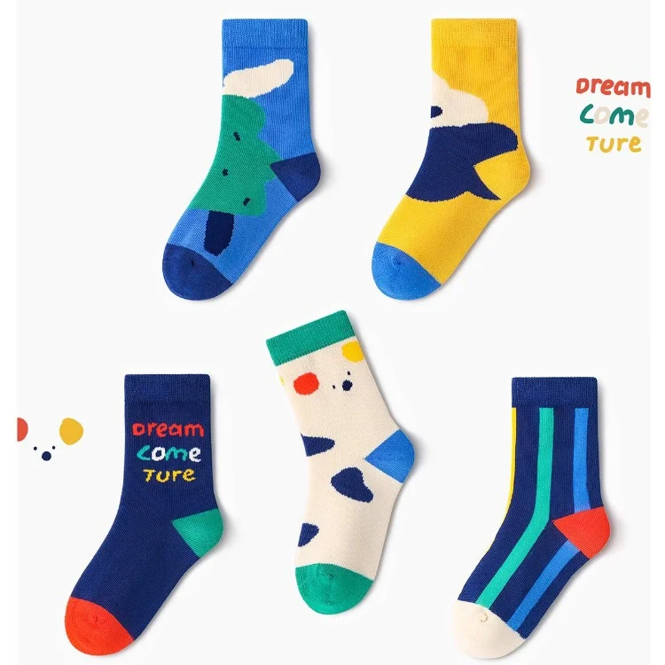 5 Paar Kinder-Crew-Socken in Kontrastfarben, 2-12 Jahre, Baumwollsocken für Jungen, weich, atmungsaktiv, Kinder-Mittellangsocken – Detail 1