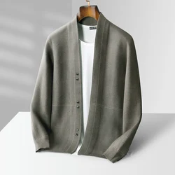 New Men 100% Pure Wool Sweater Knit Jacket Business Jacquard Coat Casual Cardigan Autumn Winter Loose Cashmere Top