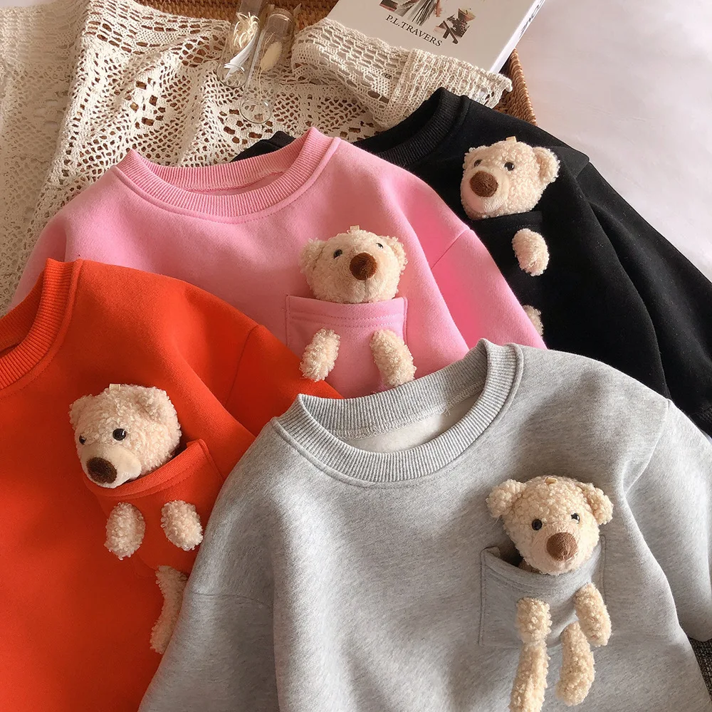 2020 Autumn Winter New Arrival Girls Fashion Bear T Shirt Kids Candy Color Warm Fleece Tops  Kids Clothes