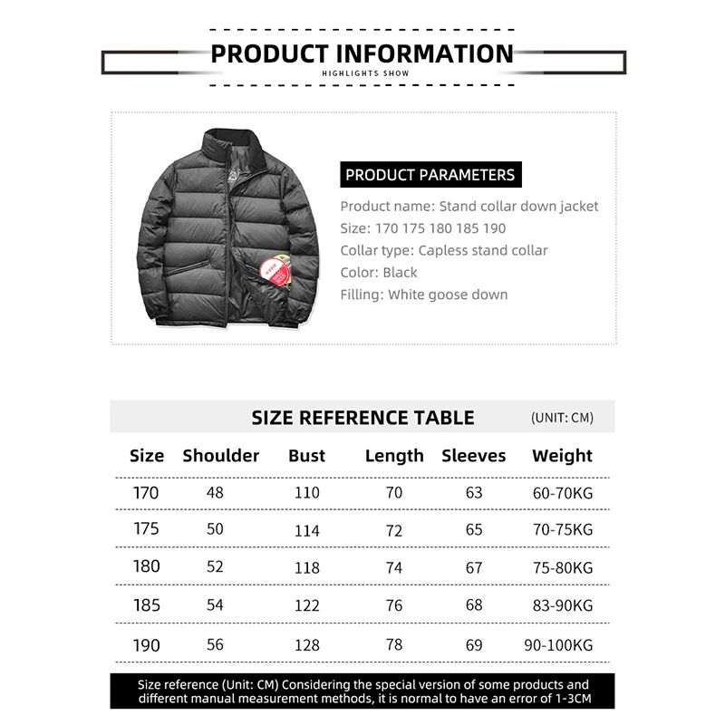 MGP Down Jacket 90% White Goose Down Men\'s Warm Thick Light Jacket Black Stand Collar Slim Fit Winter All-match Coat