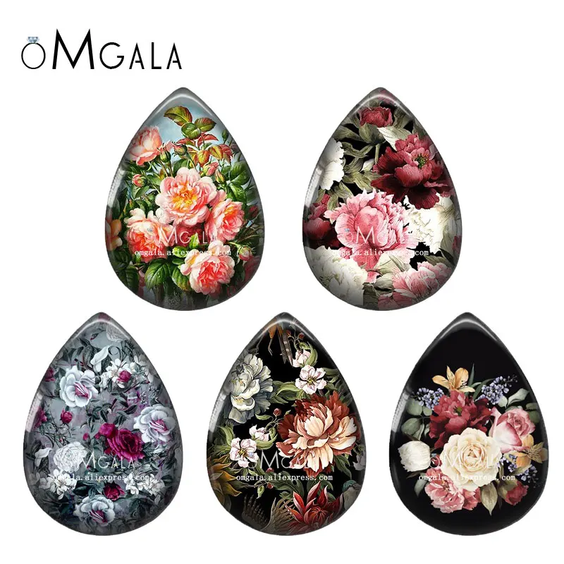 5pairs Beauty Vintage Rose Flower Patterns Water Drop Glass cabochon flat back DIY Earrings Jewelry Making Findings Accessories
