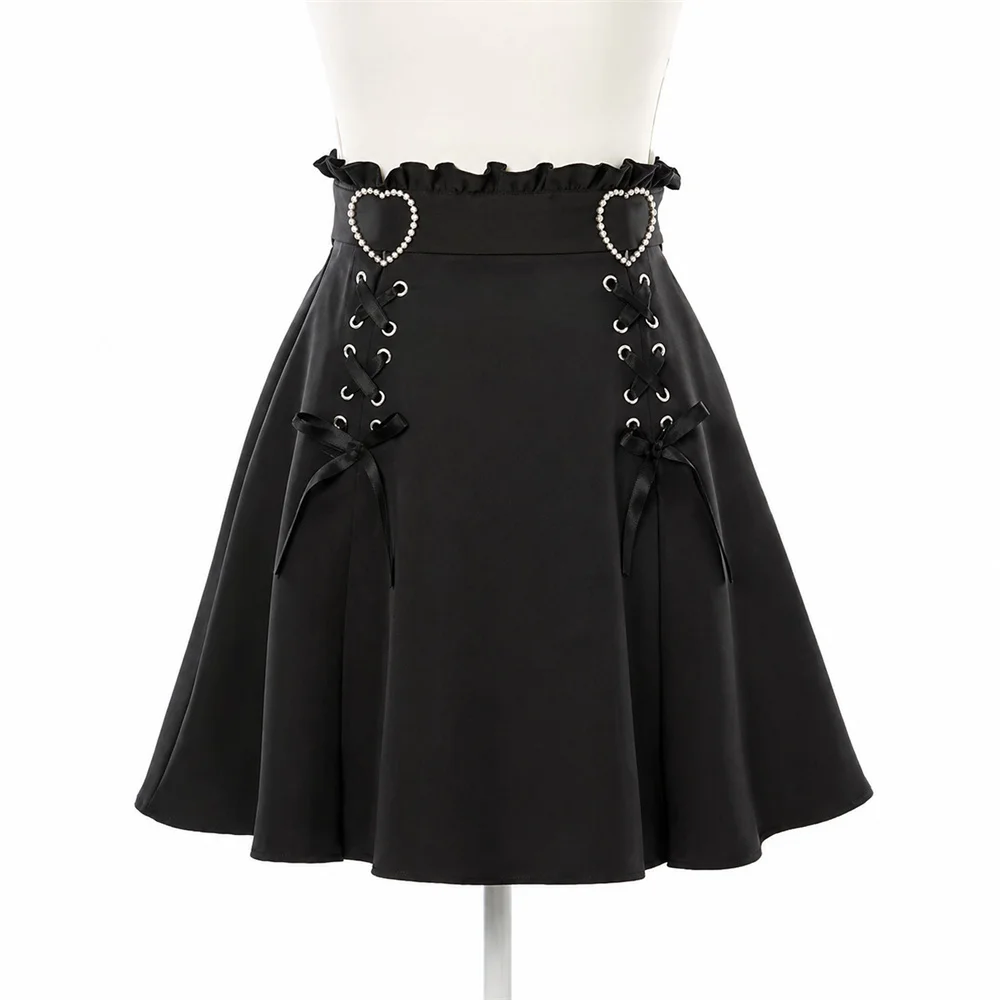 Black High Waist A Line Skirt Women Heart Lace Up Bowknot Ruffle Hem Mini Skirt Gothic Lolita Party Dress Clothes Fashion Summer