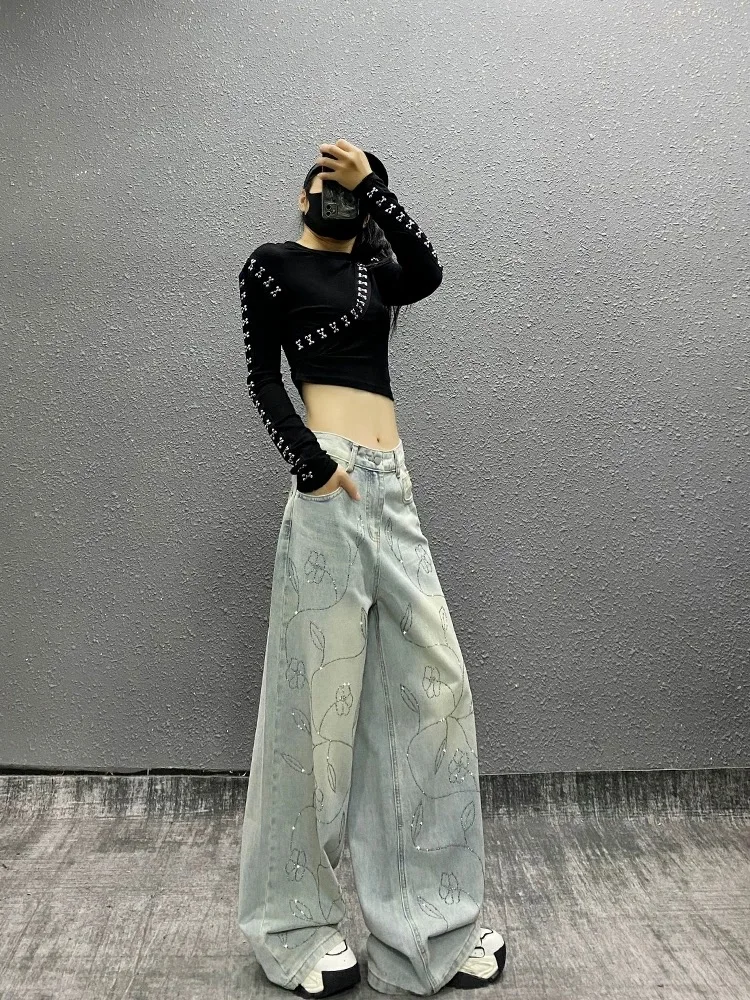 Y2K Wide Leg Jeans Women Shiny Embellished High Waist Loose Straight Floor Length Slimming Autumn