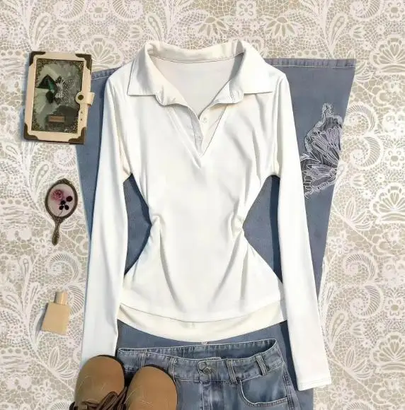 

Top Women 2026 Spring Autumn New Solid Color Turn-Down Collar Long Sleeve Slim Fit Versatile Daily Casual Basic Top