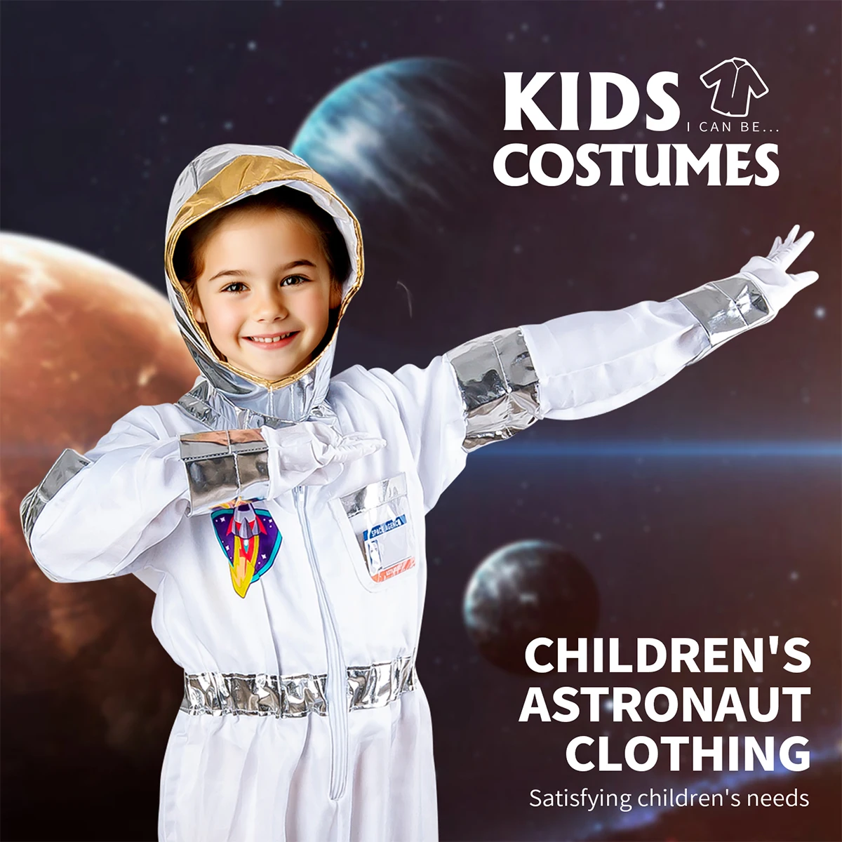 

Kids Astronaut Costume Set - White Jumpsuit, Silver Trim, Hood, Gloves & Space ID Card, Pretend Space Play for Boys & Girls