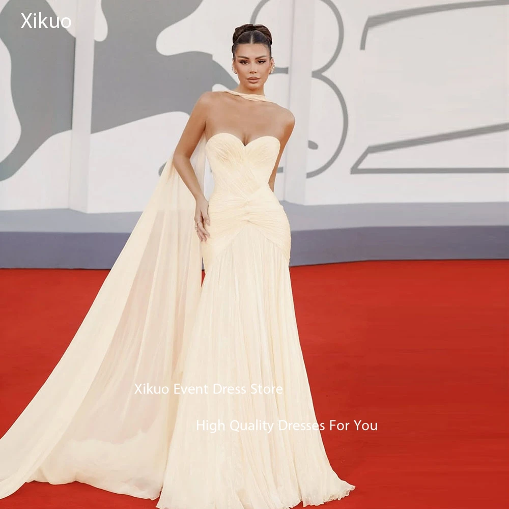 Xikuo فساتين سهرة شيفون على شكل قلب مكشكشة على شكل حرف A فساتين لحضور الحفلات الموسيقية مطوي ماكسي فيستدوس دي فييستا موهير مخصصة