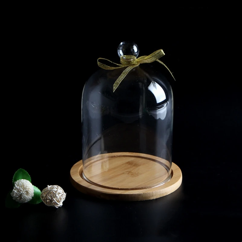 2sets/pack 12*16cm Different Top Glass Dome Vase Home Deocration Bamboo Base Transparent Cover Wedding Live Prop Birthday Gift