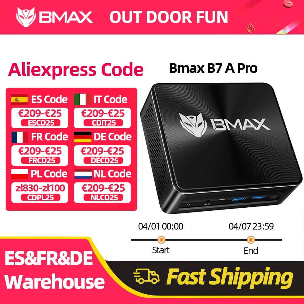 Mini PC BMAX B7 A Pro, processeur AMD Ryzen 5 7430U, graphismes AMD Radeon, 16 Go de RAM, 512 Go de SSD, Windows 11, USB, HDMI, Type-C, Bluetooth, DP