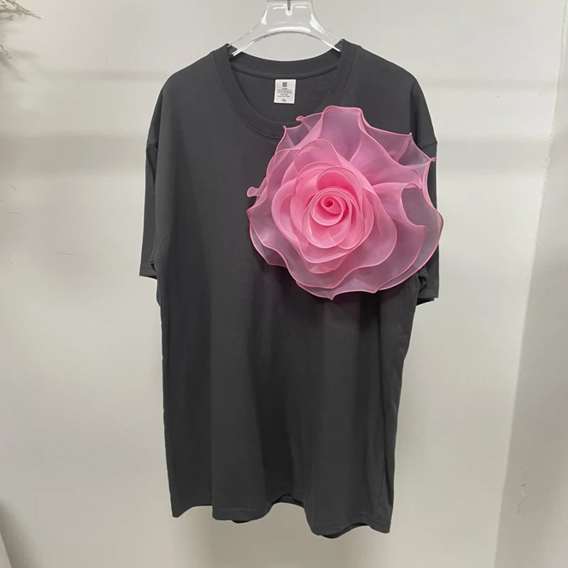 3D Beaded Flowers Stitch Short Sleeve Big Flower Aesthetic Chic T Shirt  Decorative Loose Casual T-shirt for Women Cotton Tops