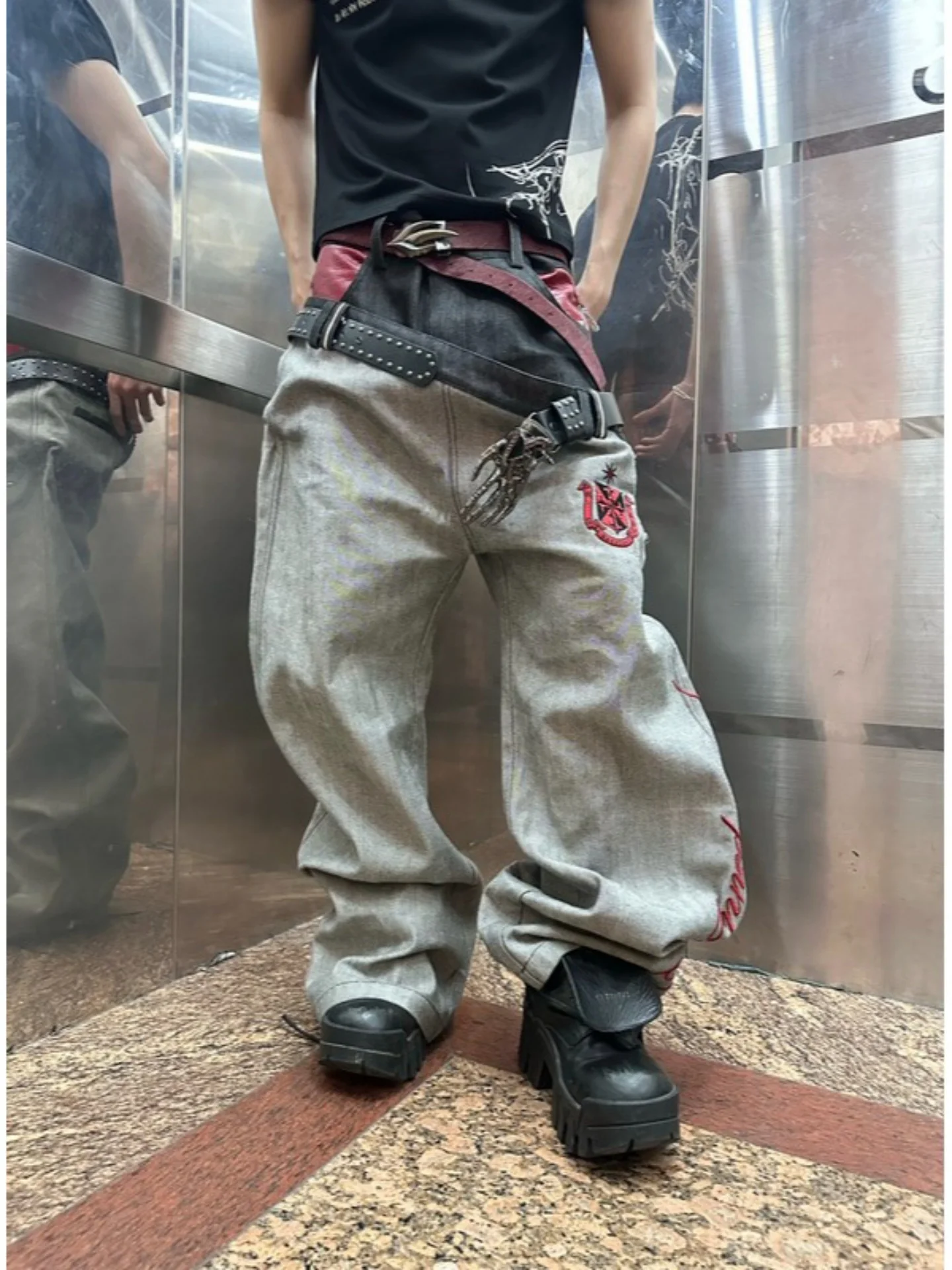 Trendy Embroidered Wide Leg Jeans Men's Women's Double Waist American Style Cool Streetwear Casual Loose Fit Denim Pants