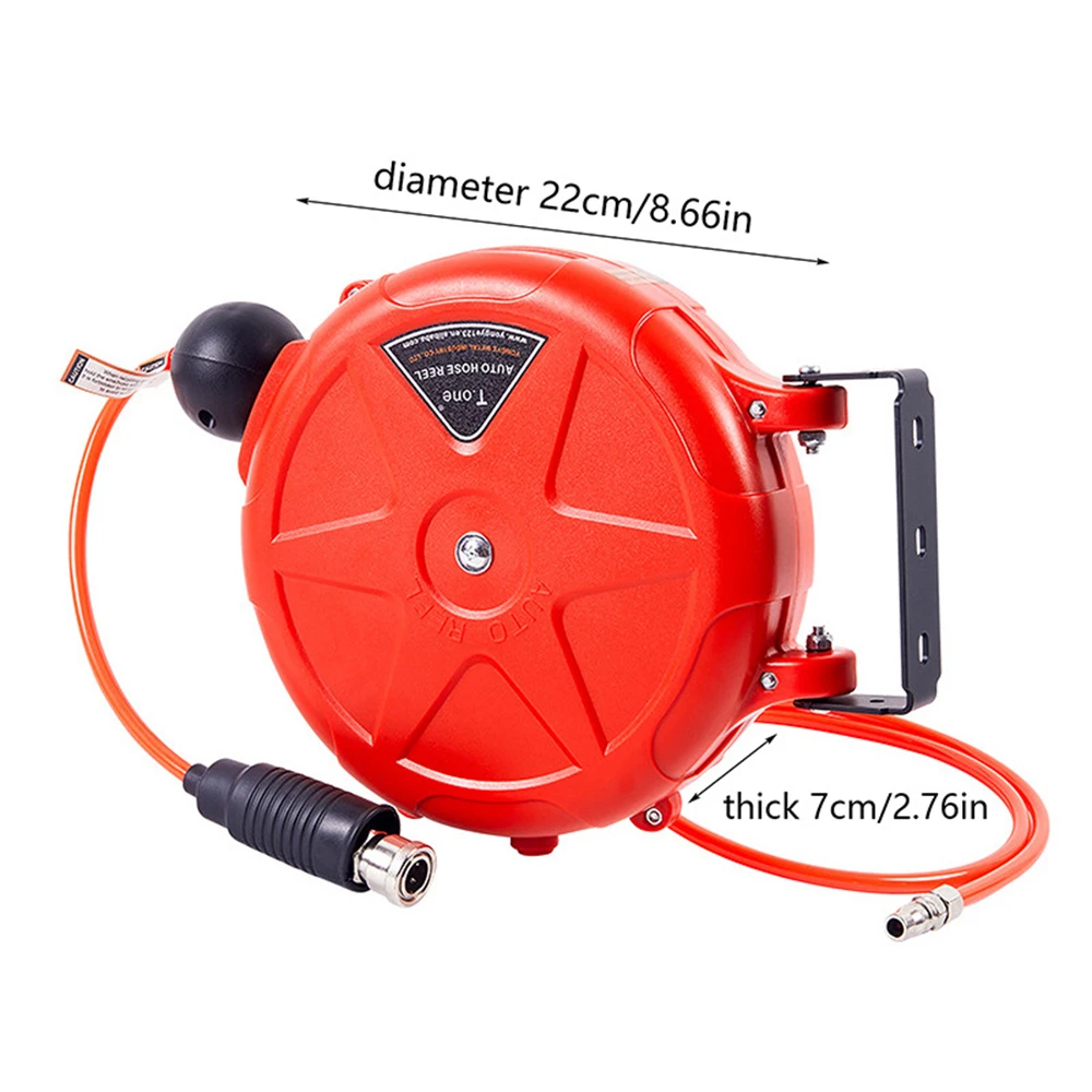 10M Hose Reel Wall Mounted PU Pneumatic Tube Hanging Air Drum Automatic Rewind Cord Reel with Quick Connector for Heavy Duty