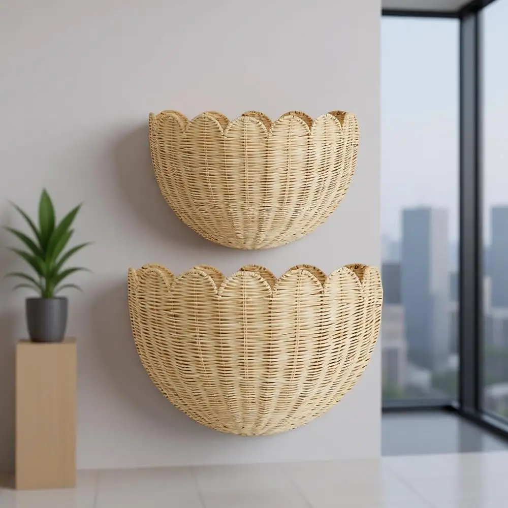

Pair of Natural Woven Rattan Scalloped Wall Baskets, 16x10x7 inches