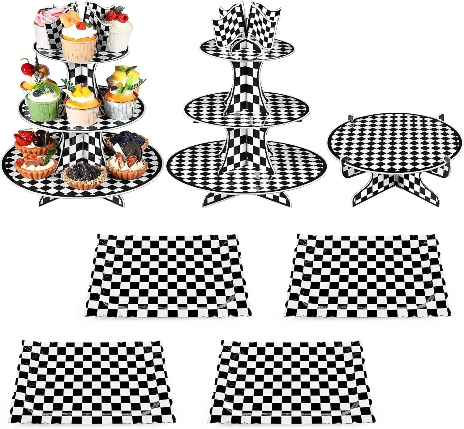 

7 Pieces Racing Car Cupcake Stand Set 3-Tier Cardboard Display 1-Tier Cake Stand Round Dessert Display Rectangle Serving Tray Reusable Platters for Birthday Party