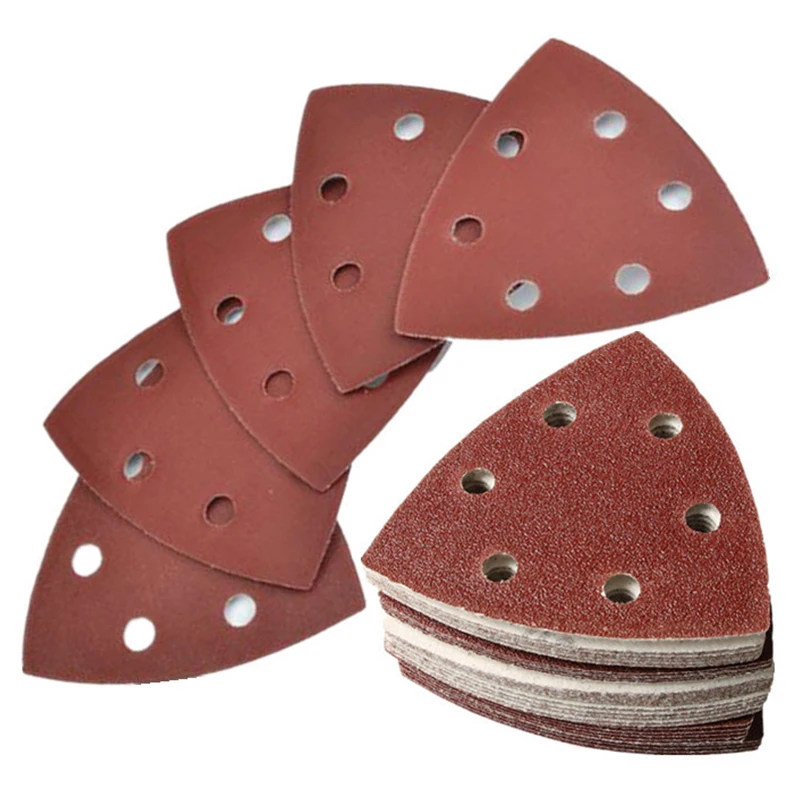 100pcs 40-400 Grit Triangular Sandpaper  6 Hole Hook & Loop Sanding Discs Flocking Sand Paper For Wood Stone Metal Polishing