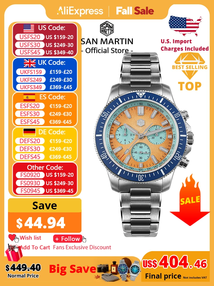 

San Martin 40mm Diver Chronograph Watch Peacock SL-4801 Automatic Movement Luxury Men Mechanical Wristwatch Waterproof SN0118