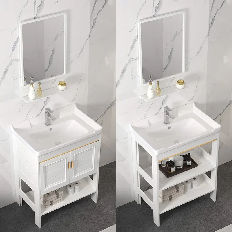 Simple Floor Bathroom Vanity Cabinet with Ceramic Sink  White Storage Unit with Soft-Close Drawers Water-Resistant Wood Base