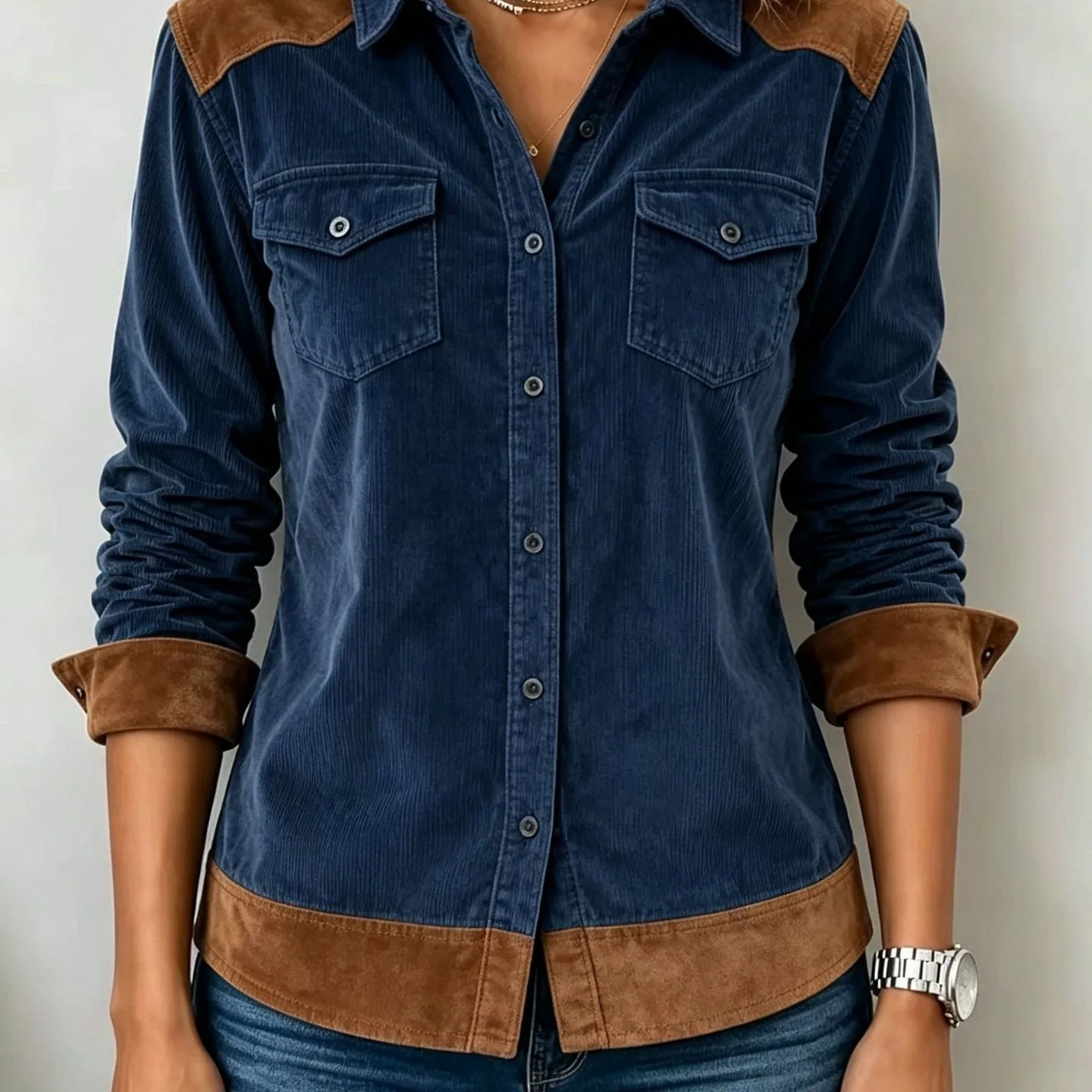 Color Blocked Patchwork Corduroy Shirt With A Long Sleeved Collar And Button Up Front For Women Casual Western Denim Daily Wear