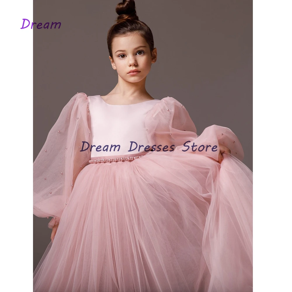 간단한 A 라인 푹신한 Tulle 꽃 소녀 가운 바닥 길이 전체 슬리브 새시 구슬 어린이 맞춤형 Платья для девочек-цве