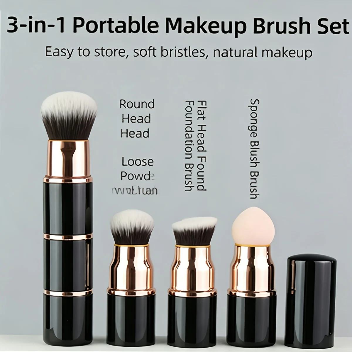 Three-In-One Advanced Mini Portable Makeup Brush with Dust-Proof Cover, Detachable Foundation, Powder, and Blush Brush, Can Be Freely Combined, Includes Foundation Sponge Head, Angled Foundation Brush Head, Loose Powder Brush Head, One Brush to Meet Daily Simple Makeup Needs, Easy to Carry and Store When Going Out, Bionic Fiber Bristles Are Soft, Comfortable, and Skin-Friendly, Thickened Aluminum Tube to Secure the Bristles, Firm and Not Easily Deformed