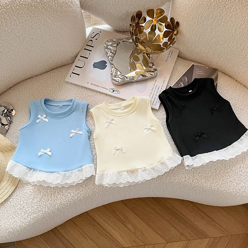 Vest baby foreign style children's tide Korean version sweet lace bow sleeveless top girls summer wear