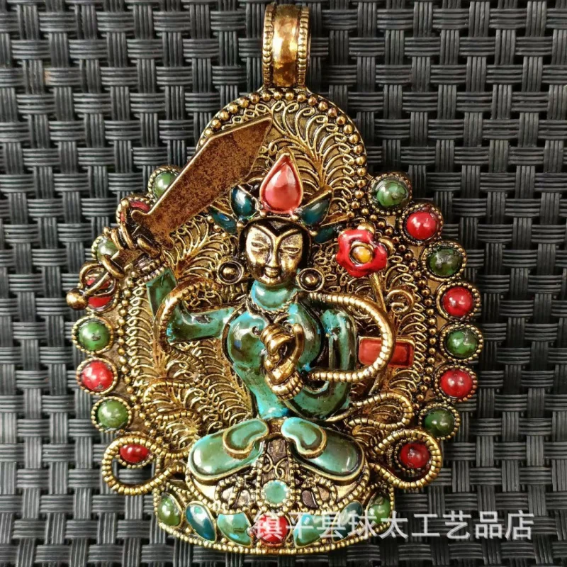 

Tibetan Buddhism Buddha Statue Nepal Handmade Gilded Manjushri Bodhisattva Protective Buddha Pendant Plaque
