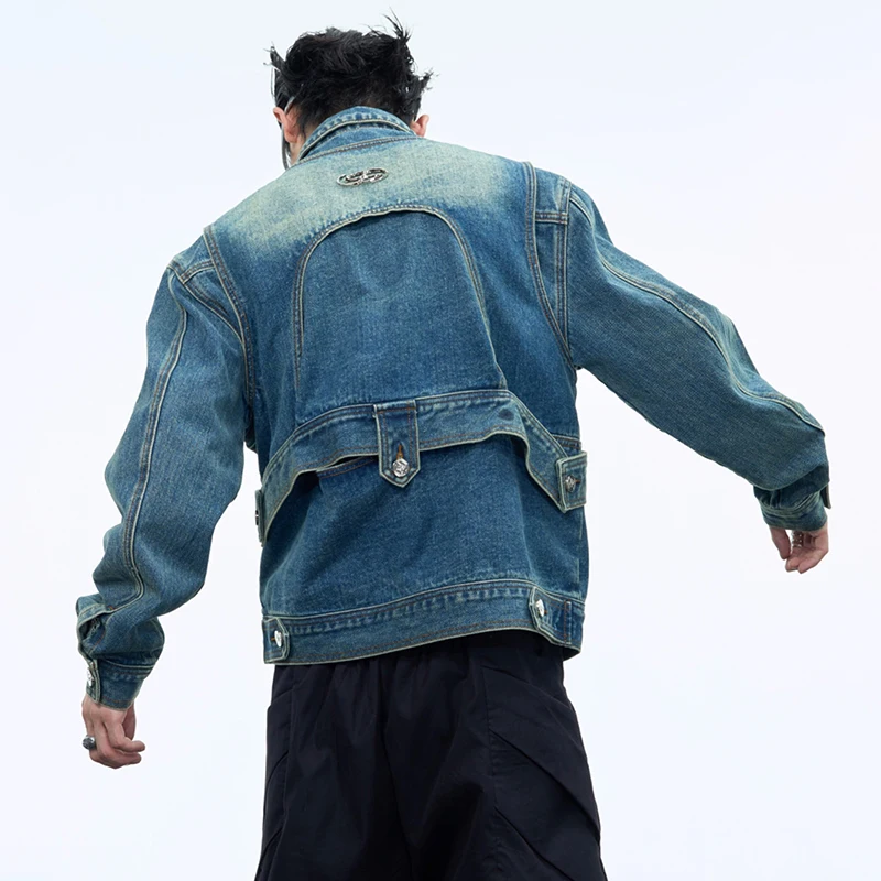 LUZHEN Versleten denim jack gewassen patchwork split gepersonaliseerde korte straat luxe trendy 2025, nieuwe mannelijke jassen lente JY4696