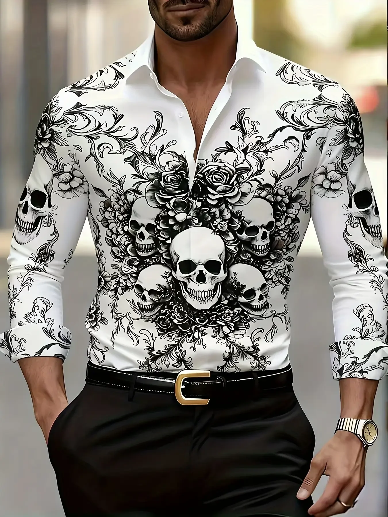 

Men's Gothic Skeleton and Batwing Printed Long Sleeve Shirt - Deep Blue and Black Gothic Style,