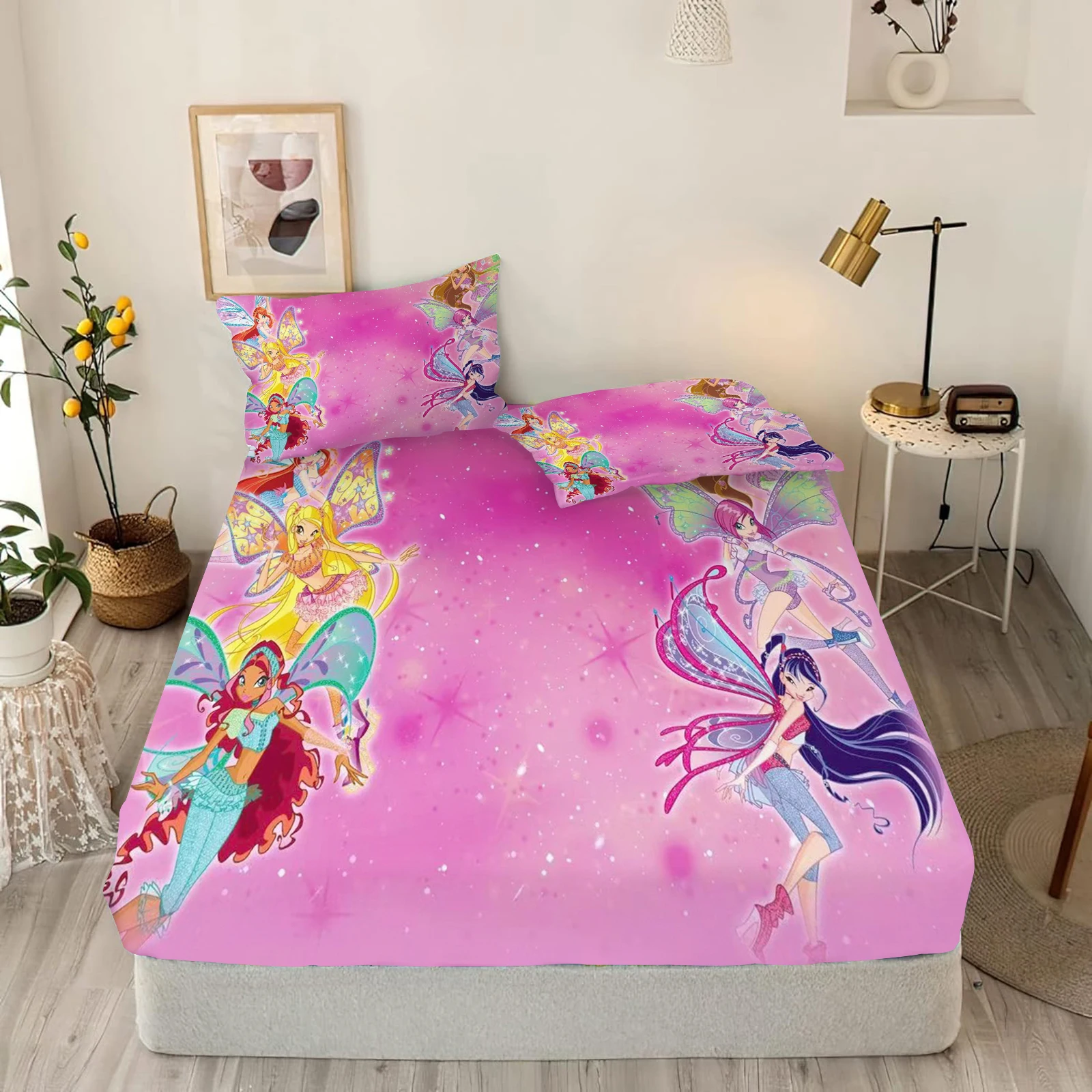 

Winx Club-3D Bedding Set for Children and Adults, Fitted Sheet, Polyester with Pillowcase, Anime Printed, Girls