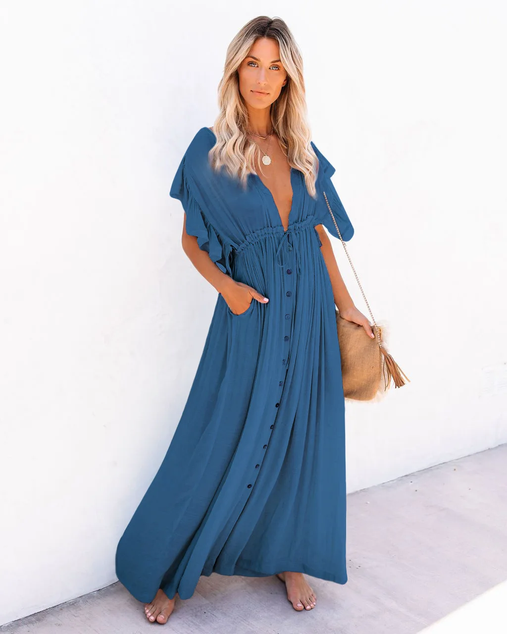 Casual Loose Ruffles Long Dress Women Deep V-neck Lace Up Maxi Dresses For Women 2024 Summer Beach Holiday Backless Vestidos