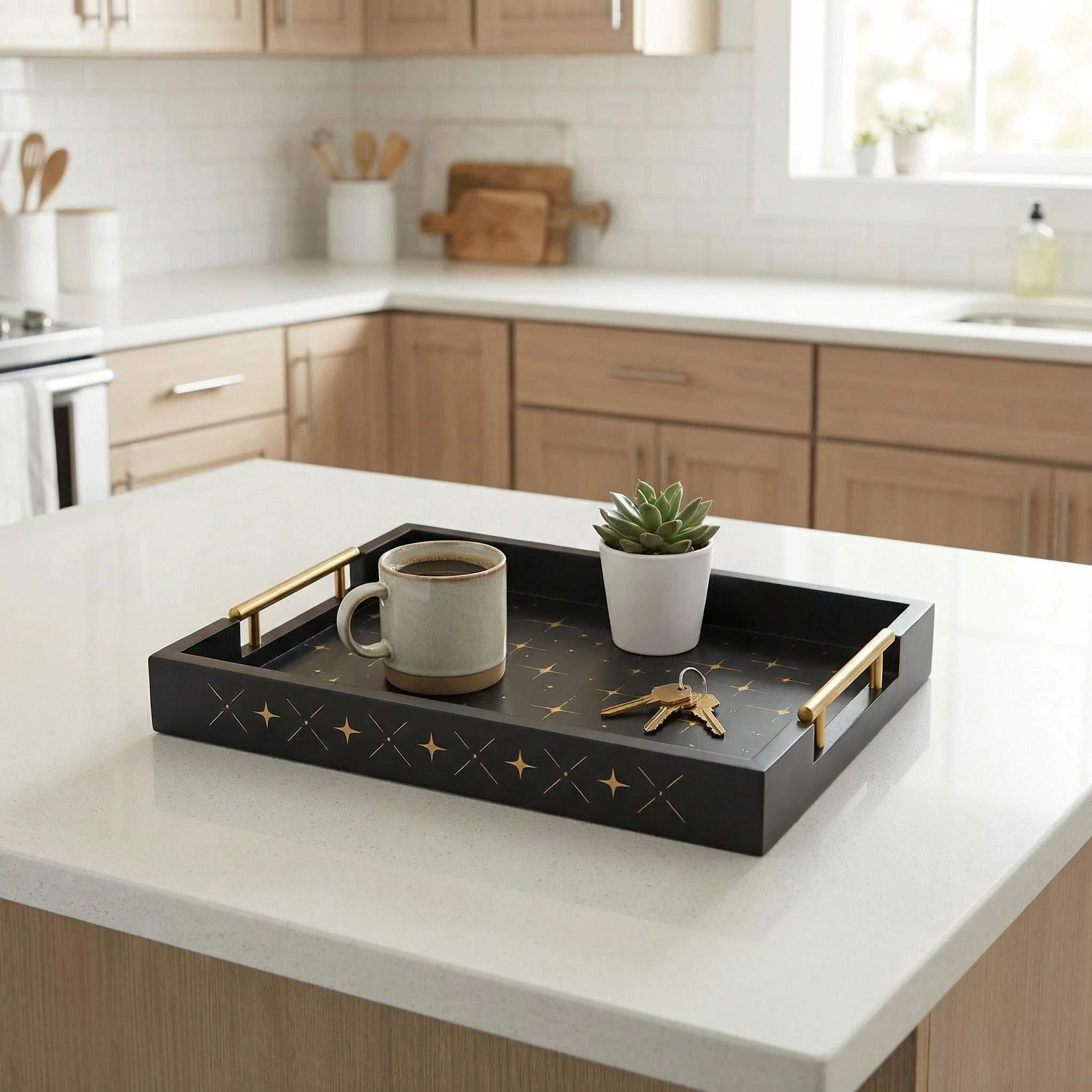 1PC Multipurpose Bamboo Rectangular Tray with Metal Handles for Home & Commercial, Ideal Teacup Bamboo Cup Storage