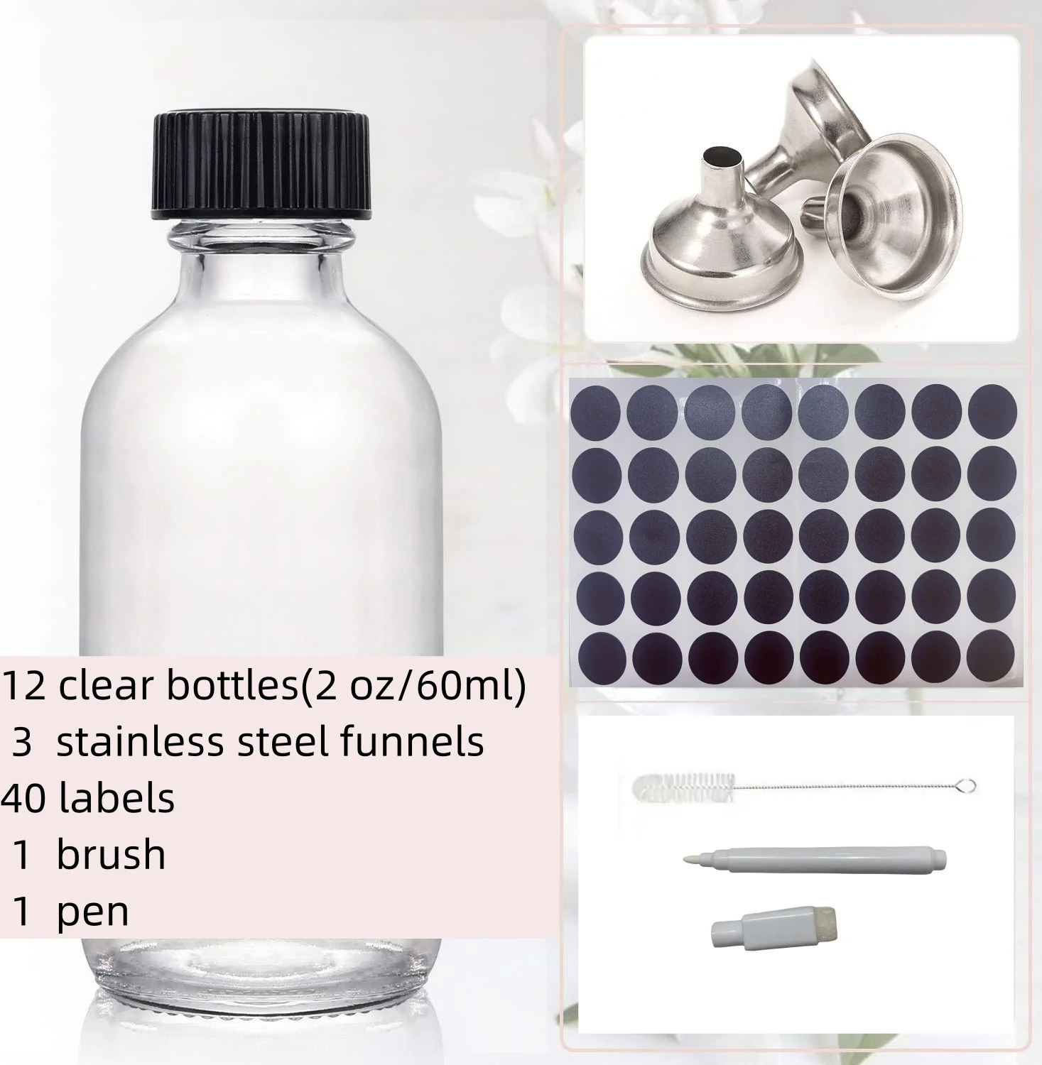 Small Clear Glass Bottles with Lids, Boston Sample Mini Travel Essential Bottles for Potion Juice Ginger Shots Whiskey 60ml 2 oz