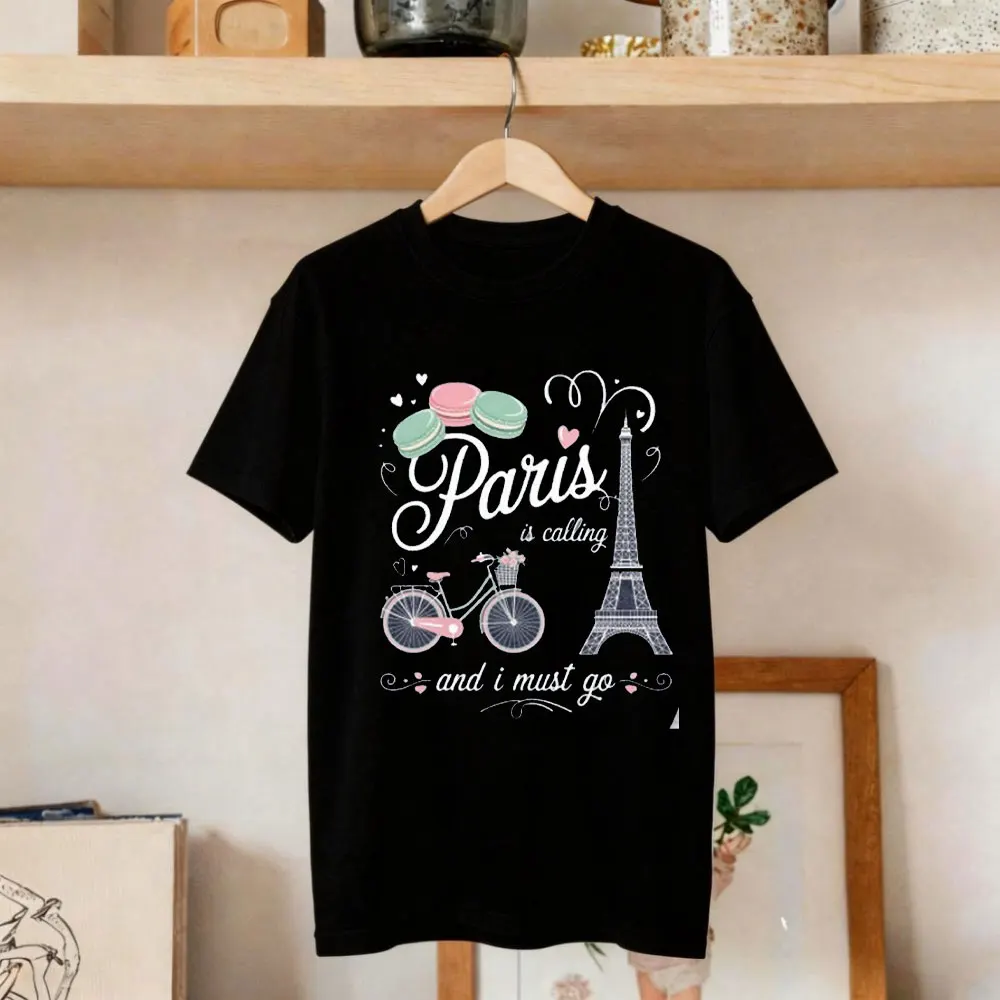 Paris T-Shirt Eiffel Tower Bicycle & Macarons French Travel Tee Bicycle Eiffel Tower in Paris France Clothes Lady in Casual Wear