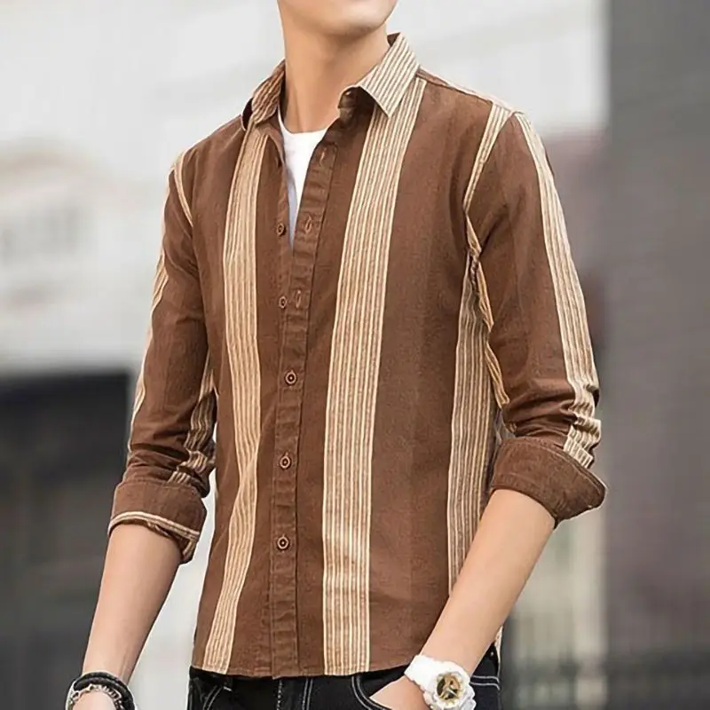 Spring Autumn New Striped Shirt Man Turn-down Collar Long Sleeve Single Breasted Cardigan High Street Contrast Color Top JJ1463