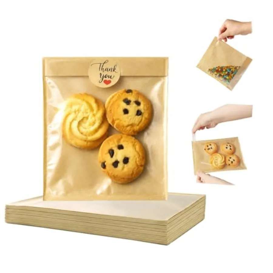 Pack Self Sealing Cookie Bags with Seal, 5.7x6.5 Inch Kraft Paper Bakery Bags with Window, Grease Resistant To Go Sleeves for B