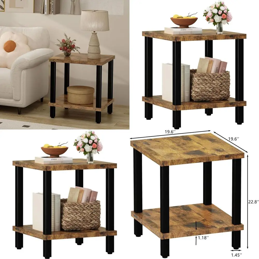 

20 Rustic Brown Square End Table with 2-Tier Shelf for Modern Living & Bedroom Use